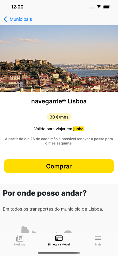 navegante® - Interfaz de la app navegante para comprar un pase mensual de transporte público de Lisboa de 30 Euros