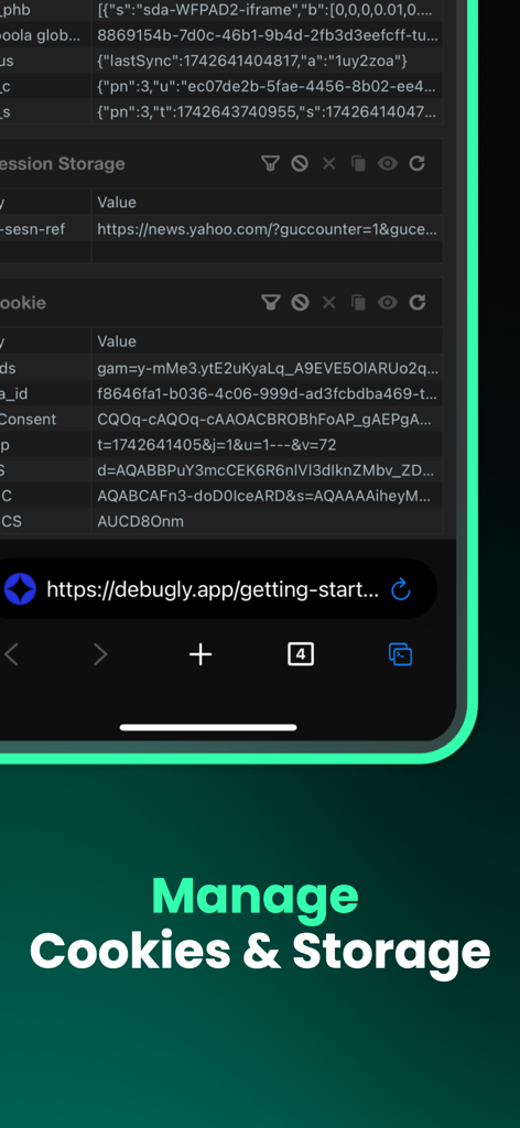 Web Inspector & Dev Tools - Interfaz del inspector web móvil mostrando datos de cookies y almacenamiento de sesión del sitio web