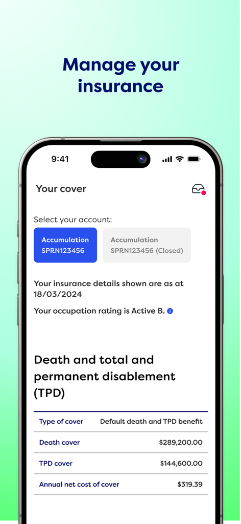 CareSuper - Screenshot of the CareSuper app showing insurance cover details for death and TPD