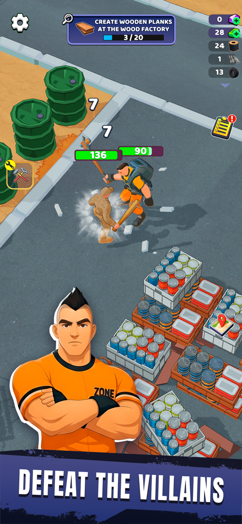 Zone X: Wasteland Survival - Un superviviente con mono naranja luchando contra un enemigo con un bate de béisbol en un entorno post-apocalíptico.