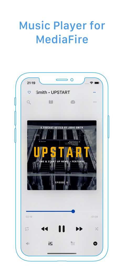 FirePlayer: player 4 MediaFire - Interface de l'application FirePlayer affichant la lecture d'un podcast avec les commandes audio