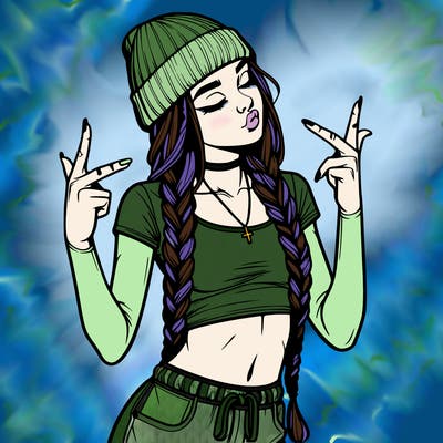 realistic teenage girl with braids and a beanie and crop top doing 🫶🏼