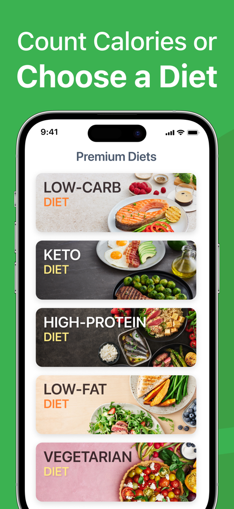 Calorie Counter PRO MyNetDiary - A smartphone screen displaying various premium diet options in the MyNetDiary app including Low-Carb, Keto, and High-Protein plans.