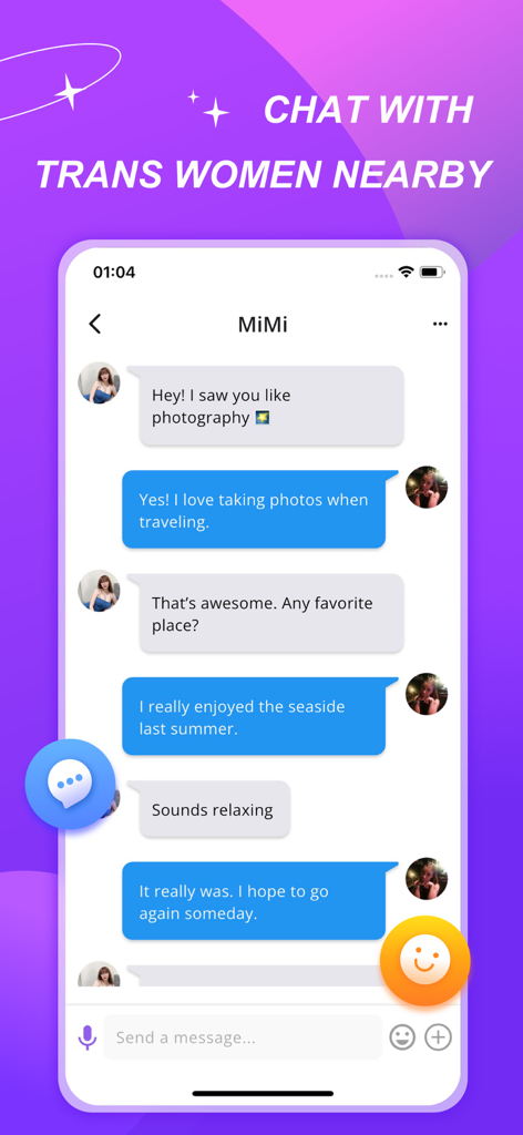 TransMe: Transgender Dating - Una interfaz móvil de la app TransMe mostrando una conversación de chat entre dos usuarios.