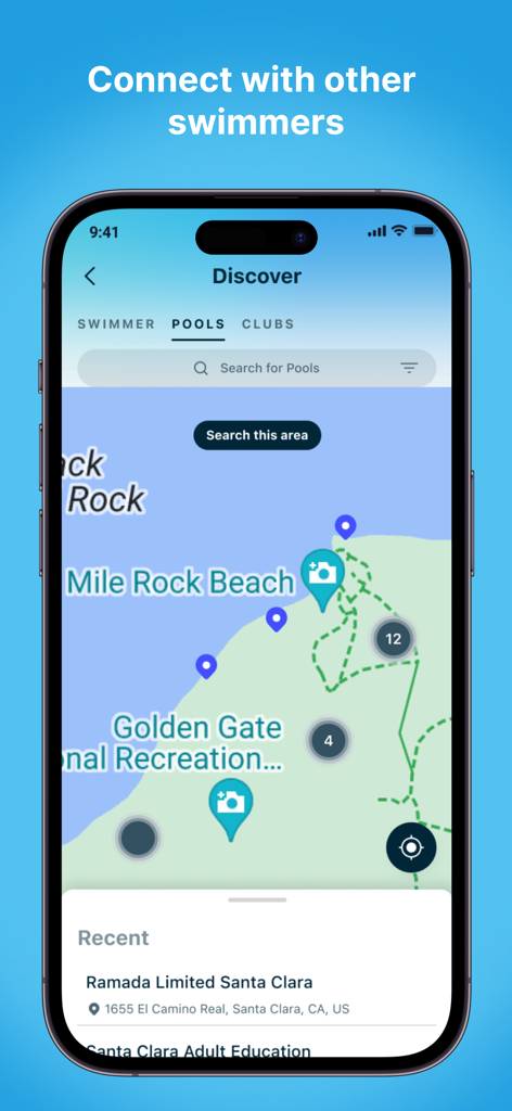 Swim.com app screenshot showing a map for discovering local swimming pools and clubs with the header Connect with other swimmers.