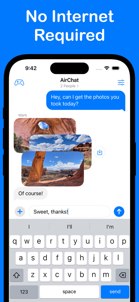 インターネット不要でメッセージと写真共有を表示するAirChatアプリのインターフェイス