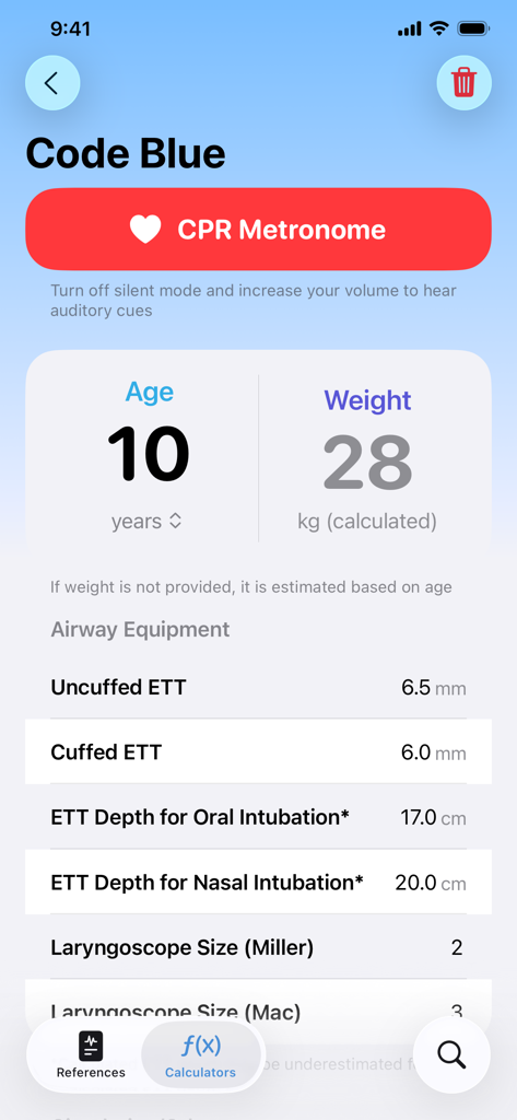 CICU Genie - Interface do aplicativo CICU Genie mostrando tamanhos de equipamentos de vias aéreas pediátricas e metrônomo de RCP com base na idade e peso.