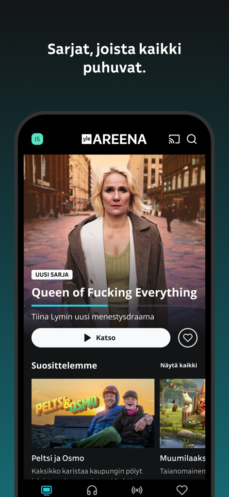 Yle Areena - Yle Areena mobile app home screen featuring Finnish series and Moominvalley