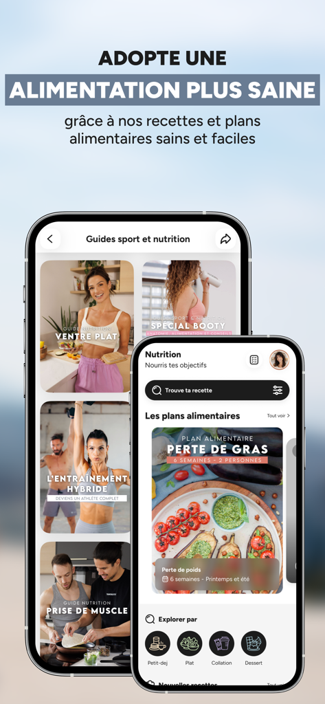 Sport & Nutrition - TSE - Interfaz de la aplicación móvil de Trainsweateat mostrando guías de nutrición saludables y planes de comidas para la pérdida de grasa y el aumento de masa muscular.