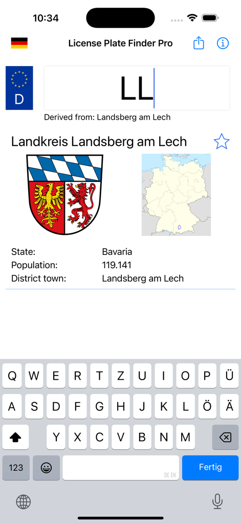 License Plate Finder - Interfaccia dell'app Trova Targa che mostra i risultati di ricerca per una targa tedesca a Landsberg am Lech con una mappa e informazioni sul distretto