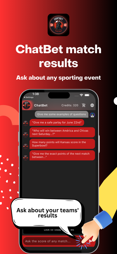 Smartphone screen showing the ChatBet app conversational interface for AI sports predictions and match results.