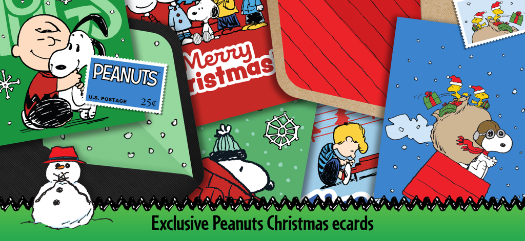 A collection of festive Peanuts digital greeting cards featuring Snoopy and Charlie Brown