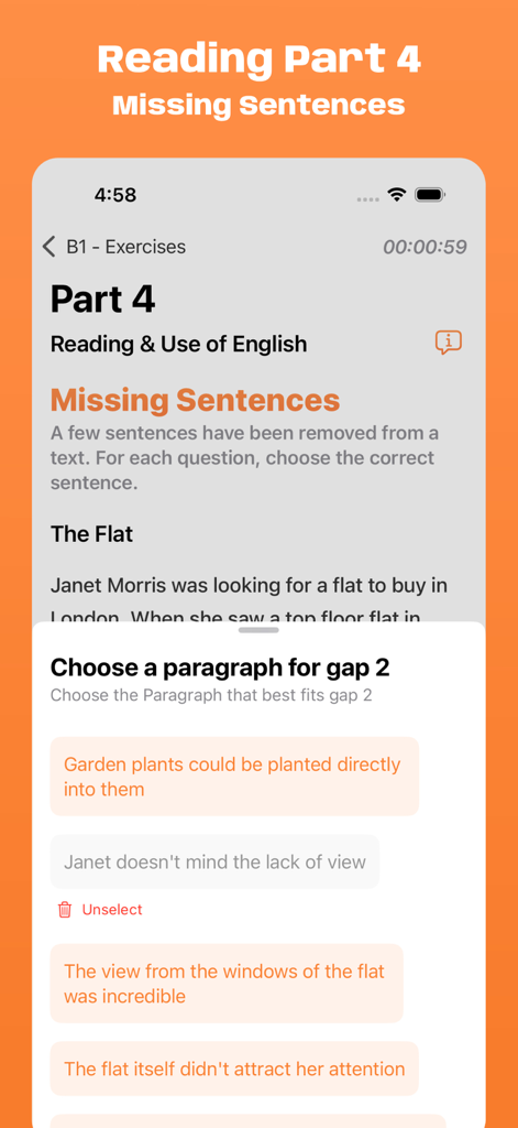 Screenshot dell'app Simulatore Esame Cambridge B1 che mostra un esercizio della Parte 4 di lettura in cui gli utenti scelgono frasi mancanti per un testo.