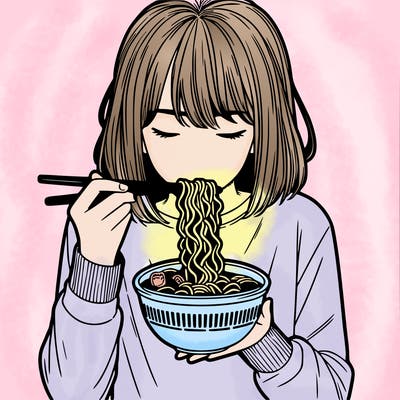 a girl realistic eating ramen noodles