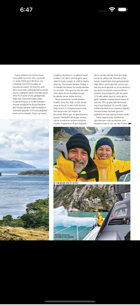 Naviga Magazine - A digital magazine page about a sailing voyage featuring a couple in yellow gear with glaciers in the background