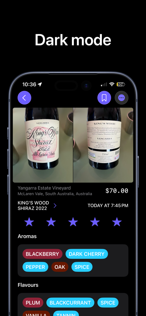 gotBottle: Wine Notes - gotBottle app interface in dark mode showing tasting notes and aromas for a King's Wood Shiraz 2022