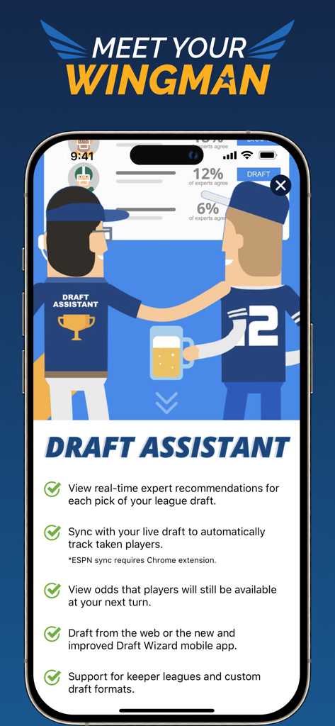 Fantasy Football Draft Wizard mobile app screen showcasing the Draft Assistant features including real-time expert recommendations and live draft sync.
