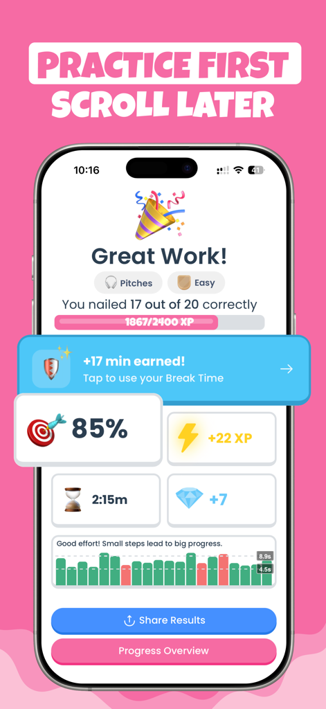 Trill app session summary showing ear training progress and earned break time.
