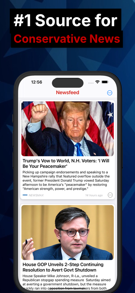 Conservative News - Smartphone screen showing the Conservative News app newsfeed with political articles and headlines