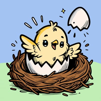 a baby chick hatching from an egg in a nest