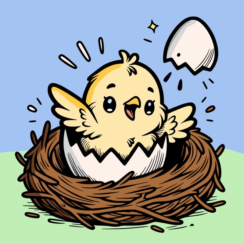 a baby chick hatching from an egg in a nest