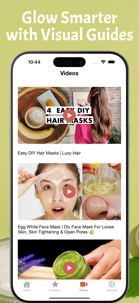 Skin Care: Beauty Tips Offline - A mobile app screen showing DIY beauty video tutorials for hair and face masks.