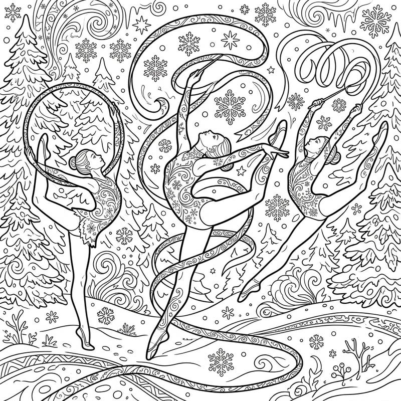 Dive into the mesmerizing world of rhythmic gymnastics set against a beautiful winter backdrop. This intricate coloring page captures the grace and athleticism of gymnasts amidst falling snowflakes and festive pine trees.