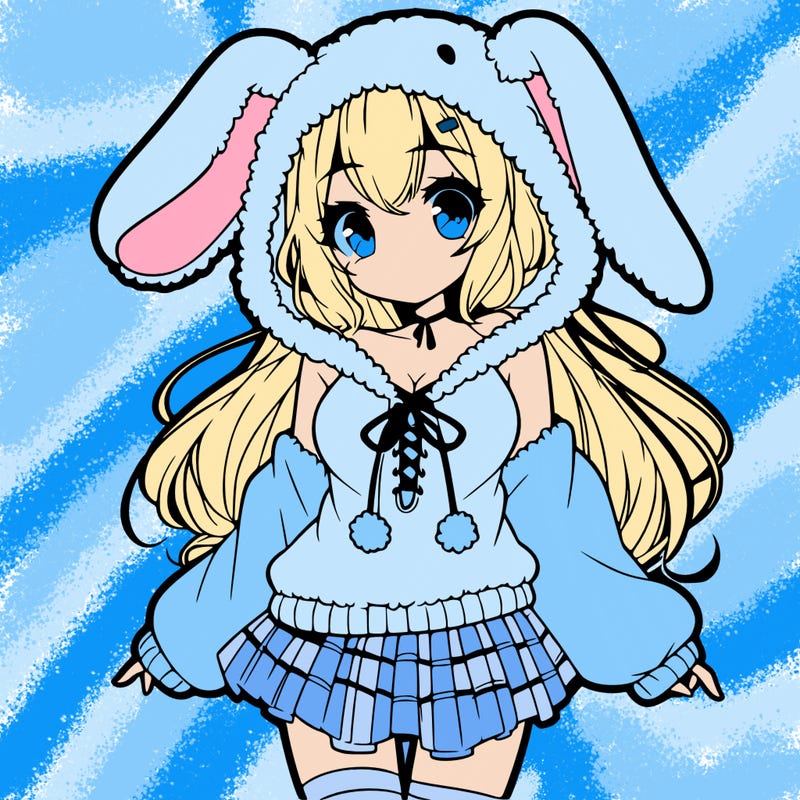 pretty anime girl wearing a fluffy hoodie with bunny ears on the hood and a skirt