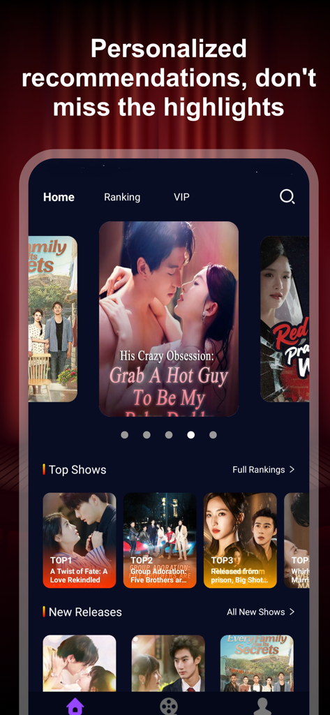 Homepage of R Drama app showing personalized short form drama recommendations