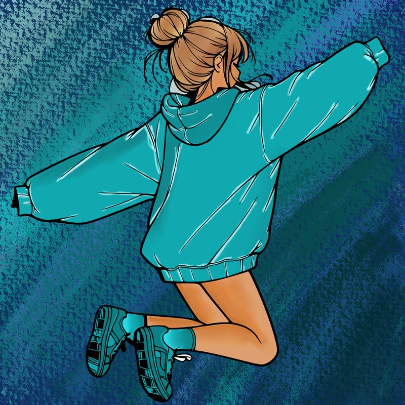 realistic girl jumping with a bun and oversized sweatshirt