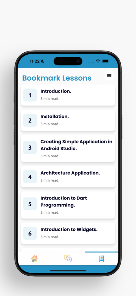 Learn Flutter and Dart - A list of bookmarked lessons in the Learn Flutter and Dart mobile app including tutorials on installation and Dart programming