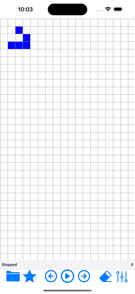 A minimalist grid simulation of Conways Game of Life showing a blue cell pattern