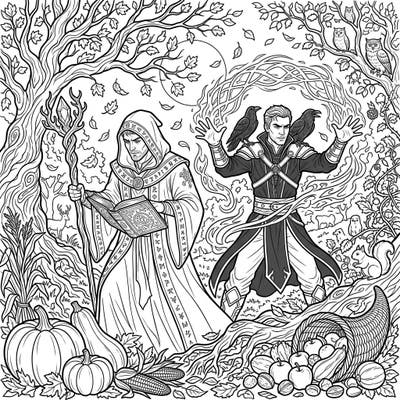 Step into a world where ancient magic meets the beauty of the fall season with this captivating coloring page. Two dark wizards practice their craft amidst a richly detailed autumn landscape, perfect for imaginative colorists.