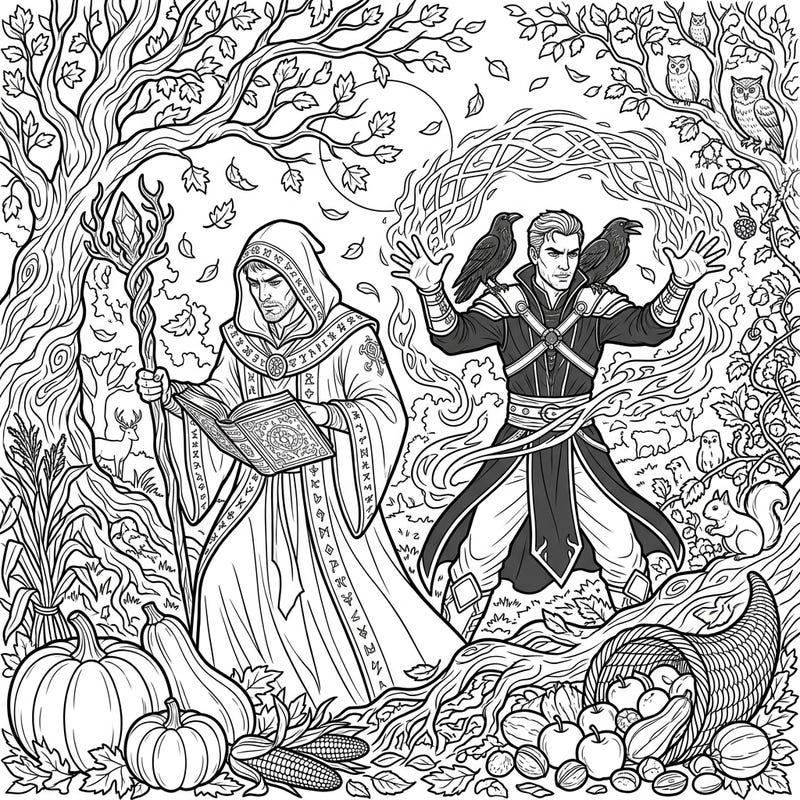 Step into a world where ancient magic meets the beauty of the fall season with this captivating coloring page. Two dark wizards practice their craft amidst a richly detailed autumn landscape, perfect for imaginative colorists.