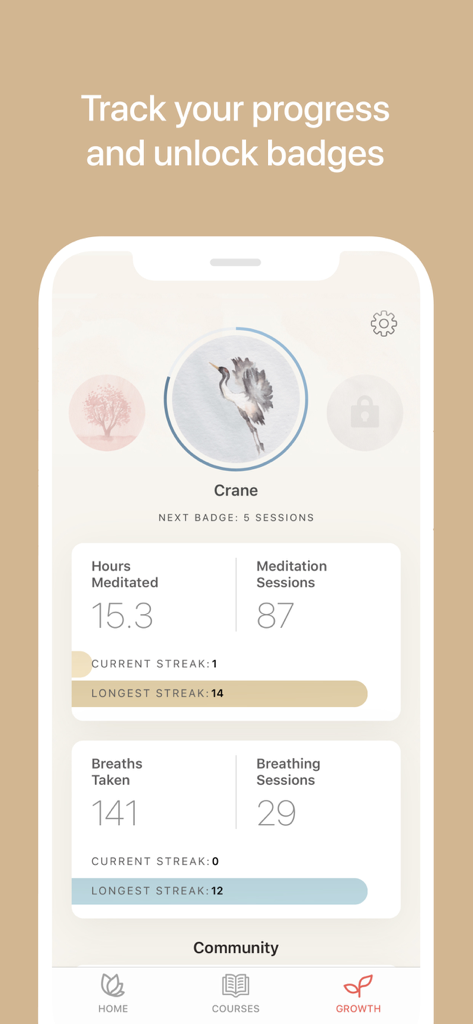 Oak app growth screen showing meditation sessions streaks and achievement badges