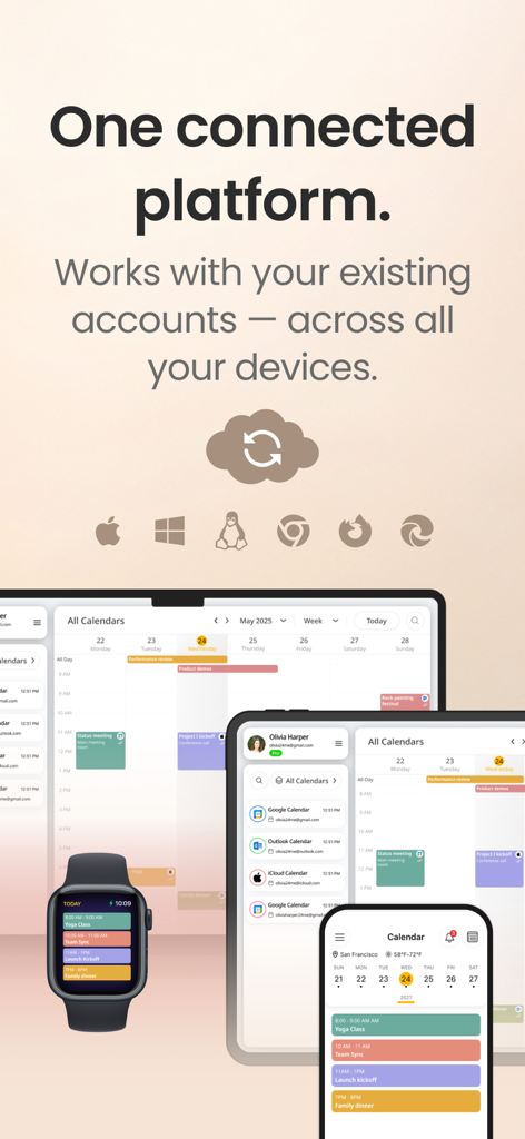 24me: Calendar・Planner & To Do - La interfaz de la aplicación 24me sincronizada en un smartphone, tableta, smartwatch y ordenador de escritorio