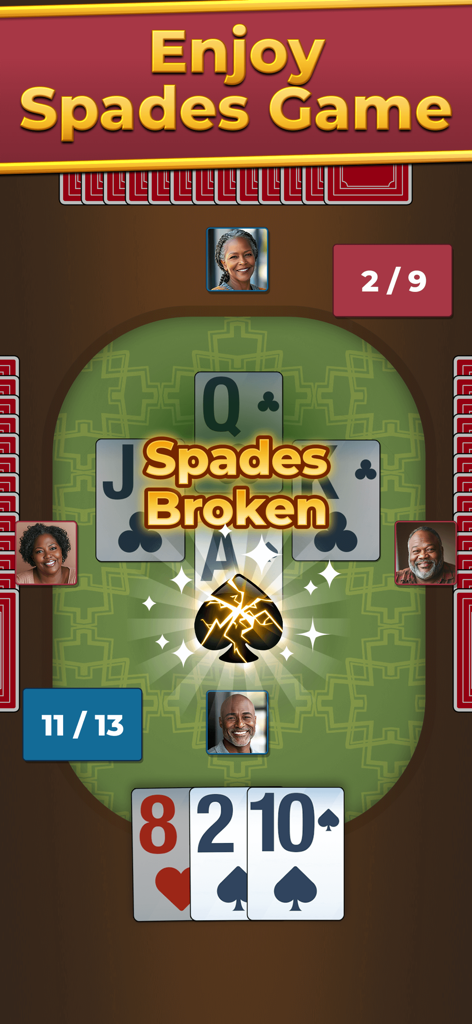 Spades For Seniors: Card Game - Tela de jogo de Spades Para Idosos mostrando cartas grandes de alto contraste e uma notificação de Spades Quebrado.