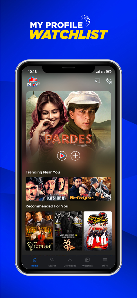 Ultra Play Hindi Movies - Watchlist screen of the Ultra Play Hindi Movies app featuring Bollywood titles