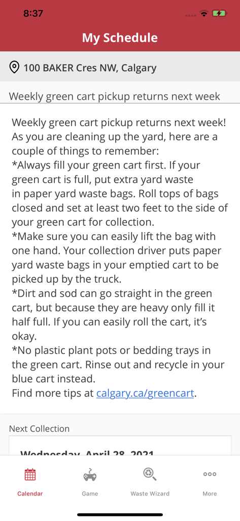 Calgary Garbage Day app interface showing waste collection schedule and green cart pickup instructions