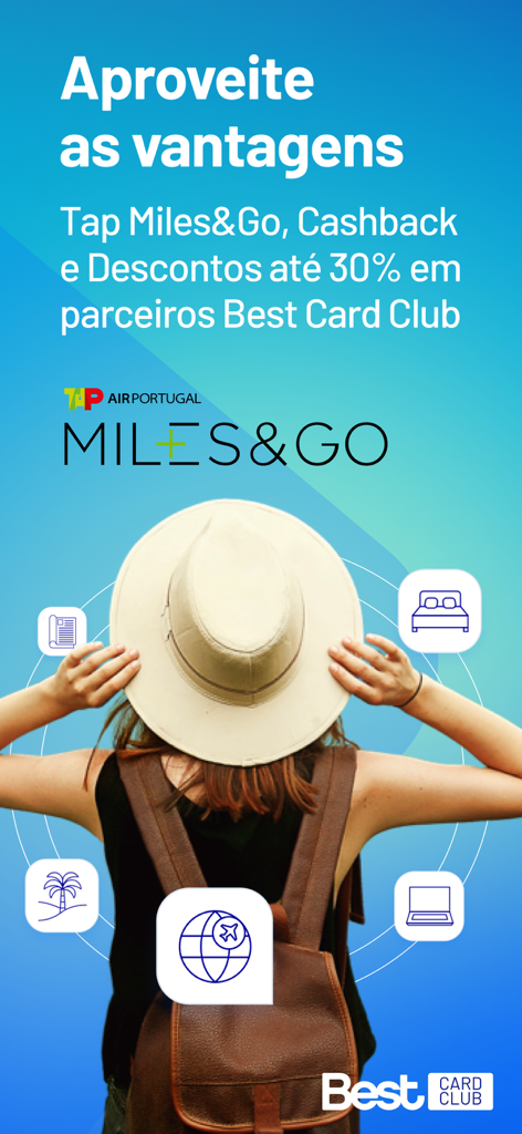 Best Bank - Viajante exibindo recompensas de viagem Best Bank e benefícios de Milhas TAP e Go.