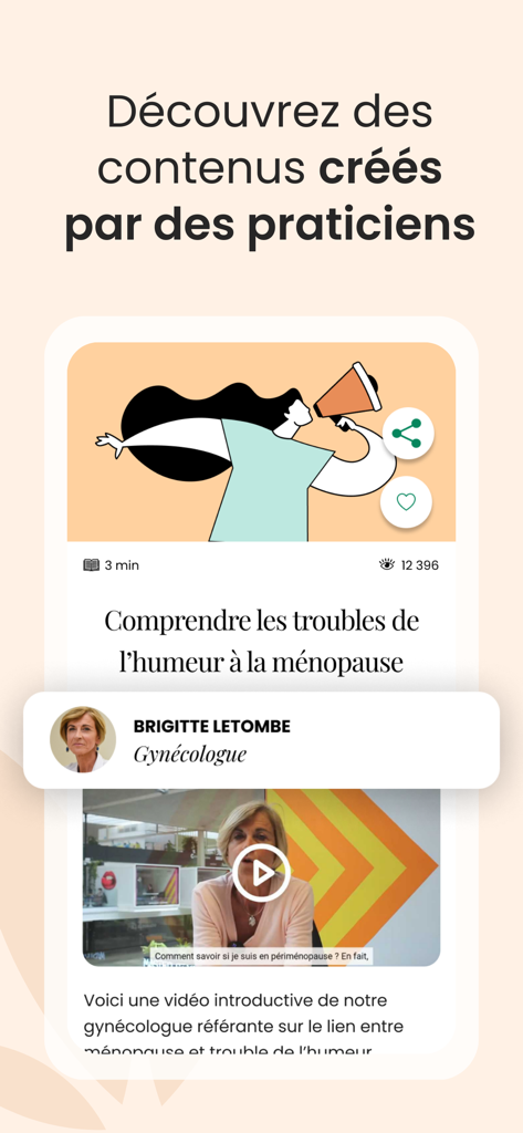 Omena - menopause - Uma tela de aplicativo móvel apresentando informações sobre menopausa verificadas por especialistas e um vídeo de uma ginecologista sobre transtornos de humor.