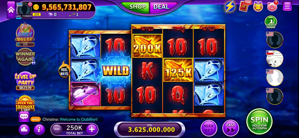 Clubillion: Vegas Casino Slots - Juego de Clubillion Vegas Casino Slots con temática submarina y de océano, con símbolos de tiburones y rayas.