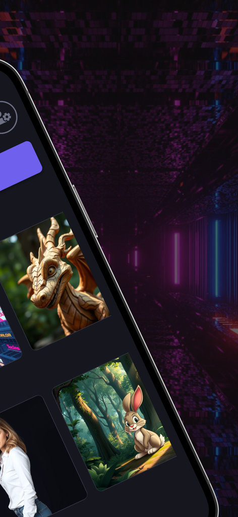AI Art Generator: Photo, Image - Una pantalla móvil que muestra una galería de imágenes generadas por IA, incluyendo un dragón y un conejo de dibujos animados.
