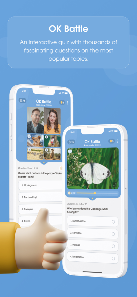 OK Battle - Dos teléfonos móviles que muestran la interfaz de la aplicación OK Battle con preguntas de trivia interactivas y una función de anfitrión en vivo