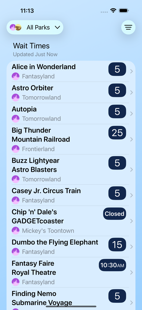 Wait Times for Disneyland - Mobile app interface showing current wait times for Disneyland attractions in a list