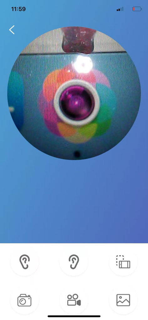 visual earpick - Oberfläche der Visual Earpick App mit einem kreisförmigen Live-Kamerabild und Symbolen für die Ohrauswahl und Foto-/Videoaufnahme