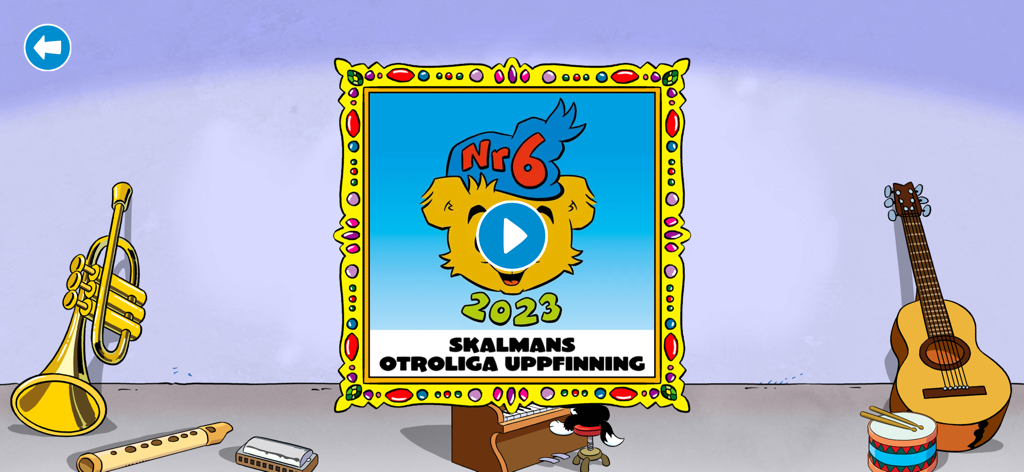 Bamses Skattkista - Bamse character in a golden frame surrounded by musical instruments with a play button for a story