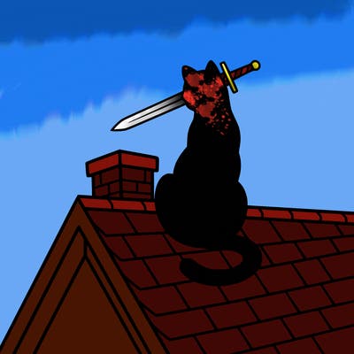 cat holding a sword in his mouth facing away from the camera sitting on top of a house’s roof