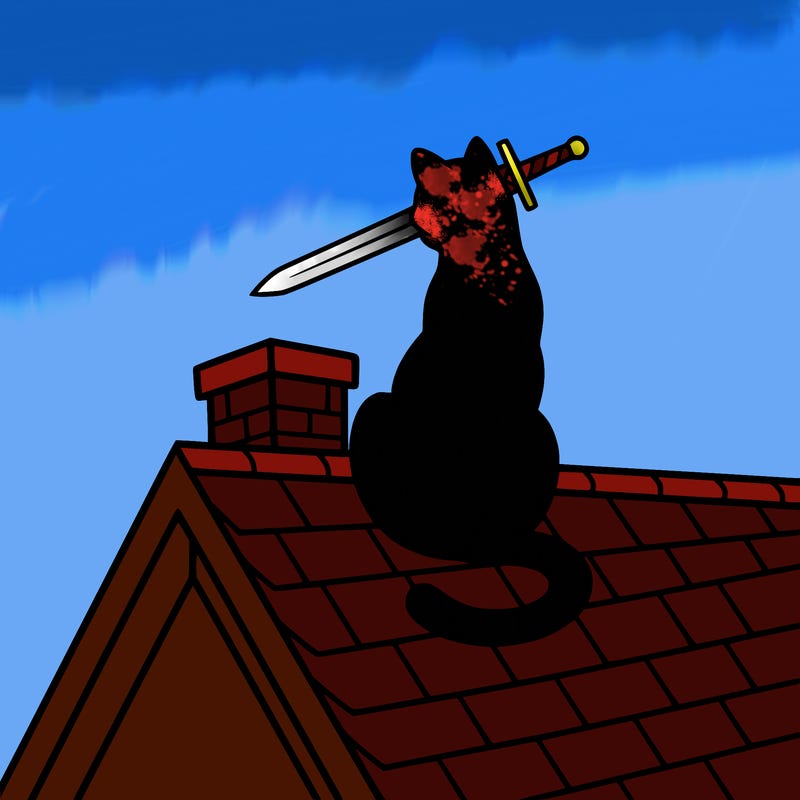 cat holding a sword in his mouth facing away from the camera sitting on top of a house’s roof