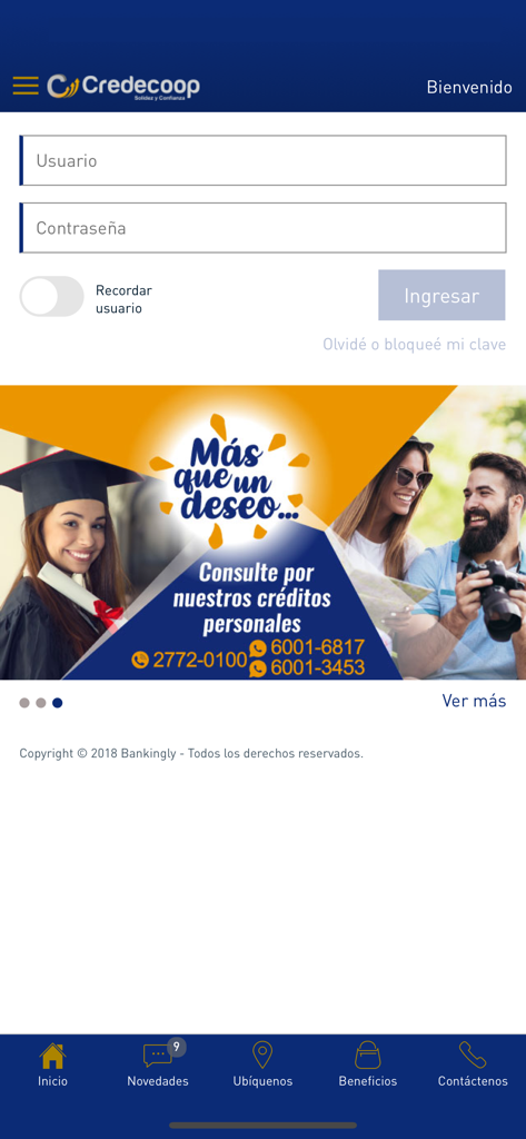 Credecoop en Línea - Pantalla de inicio de sesión de la aplicación de banca móvil Credecoop en Línea con un banner promocional de préstamo personal